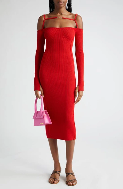 Jacquemus La Robe Sierra Cold Shoulder Long Sleeve Rib Cotton Sweater Dress In Red