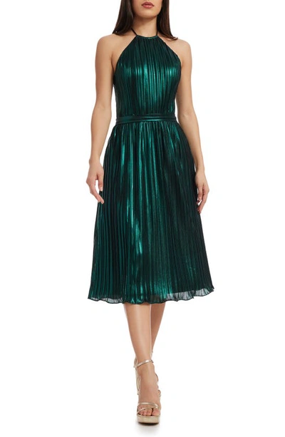 Dress The Population Hannah Fit And Flare Metallic Midi Dress In Green