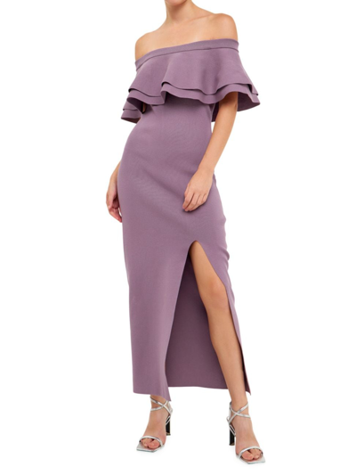 Endless Rose Women's Off The Shoulder Ruffle Maxi Dress With Leg Slit In Dusty Lavender
