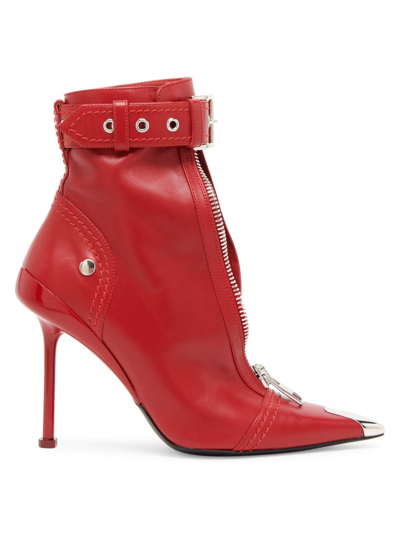 Alexander Mcqueen Women's Slash Biker 90mm Leather Booties In Red