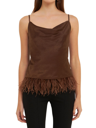 Endless Rose Women's Satin Cowl Neck Top With Feather In Chocolate