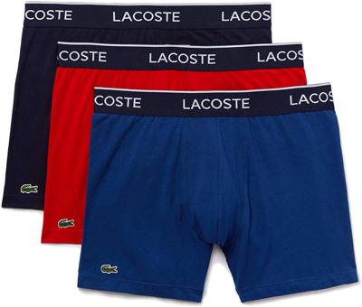 Lacoste Mens Casual Classic 3 Pack Cotton Stretch Boxer Briefs In Navy Blue,red,methylene In Multi
