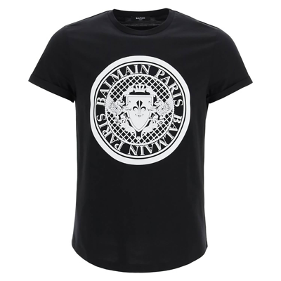 Balmain Men's Logo T-shirt With Flock Medallion Logo Vh1ef010b030 In Black