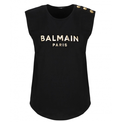 Balmain Women's T-shirt Tank With Gold Foil Logo In Black In Black And White