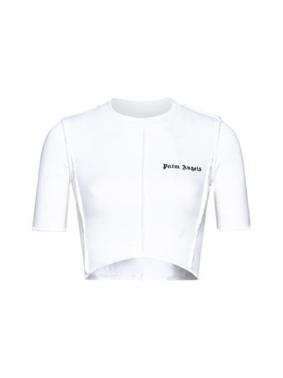 Palm Angels Logo-embroidered Cropped T-shirt In White,black