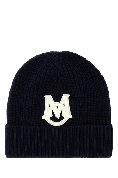 Moncler Logo-patch Knitted Cotton Beanie In Blu Navy