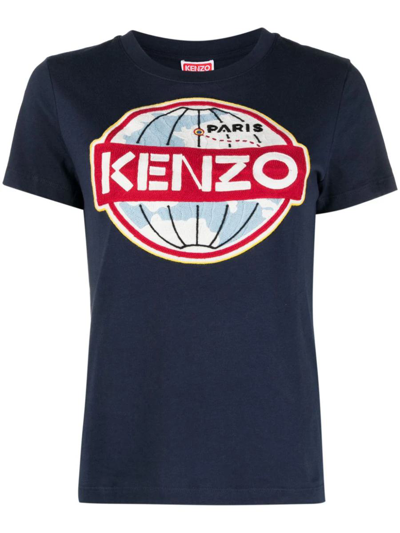 Kenzo Crew Neck Le Monde T-shirt With Front Embroidery In Blue