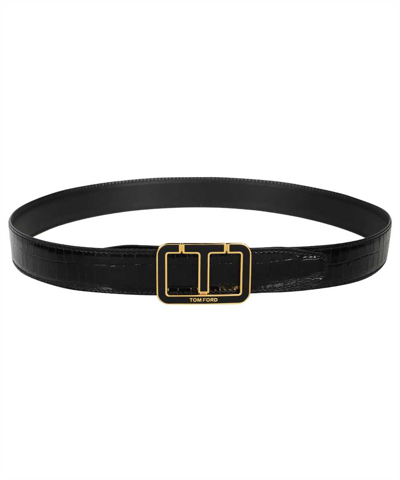 Tom Ford Glossy Printed Croc Belt In Black