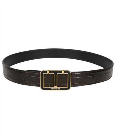 Tom Ford 3cm Logo Croc Embossed Leather Belt In Brown