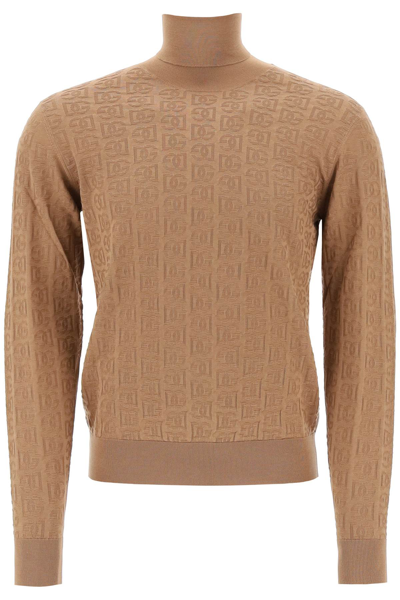 Dolce & Gabbana High Neck Silk Jacquard Sweater With Logo In Brown