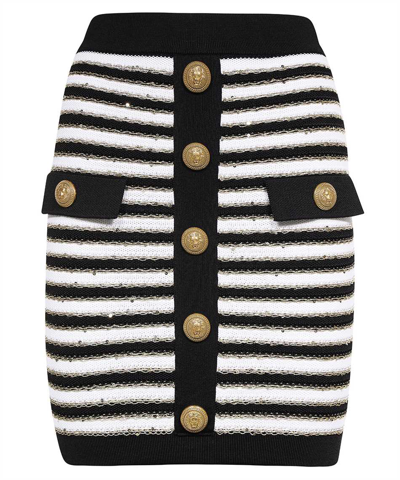Balmain Buttoned Hw Striped Knit Skirt In Black