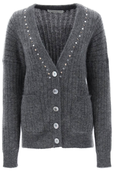 Alessandra Rich Cardigan With Studs And Crystals In Grey