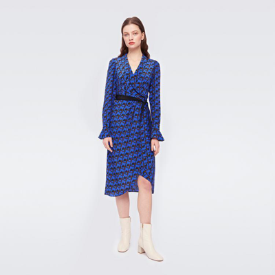 Diane Von Furstenberg Dvf女装 春秋v领长袖法式浪漫不规则下摆裹身女连衣裙 In Blue