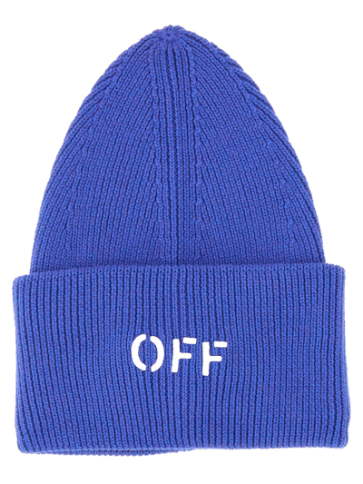 Off-white Off Stamp Loose Knit Cotton Blend Beanie In Blue