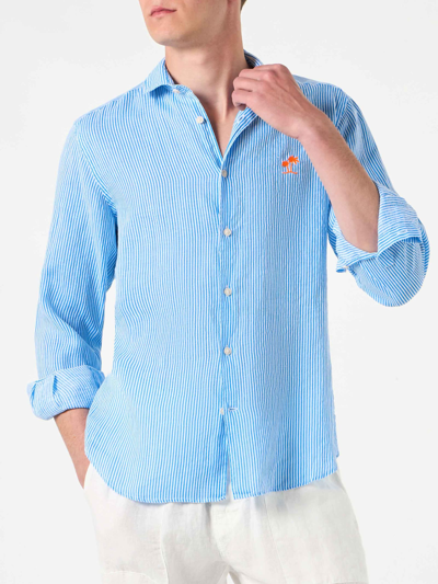 Mc2 Saint Barth Man Striped Linen Pamplona Shirt In Sky