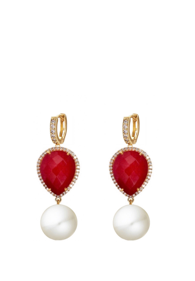 Liv Oliver 18k Gold Ruby Embelished Pearl Drop Earrings In Red