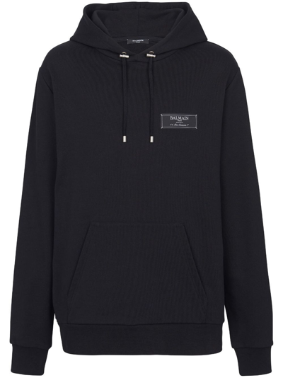 Balmain Logo-patch Cotton Hoodie In Black