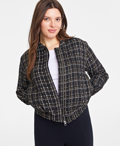 On 34th Women's Metallic Tweed Bomber Jacket, Created For Macy's In Black Gold Cmombo