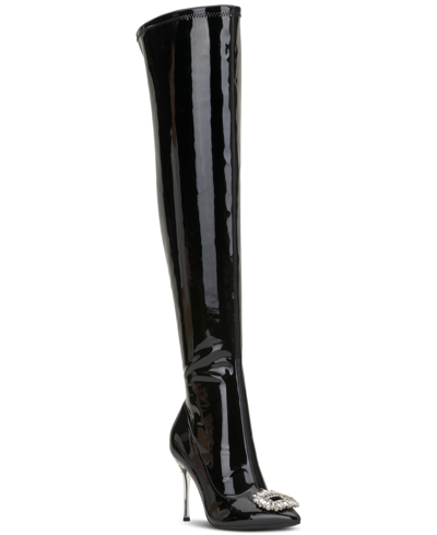 Inc International Concepts Women's Romina Embellished Pointed-toe Over-the-knee Boots, Created For Macy's In Black Patent