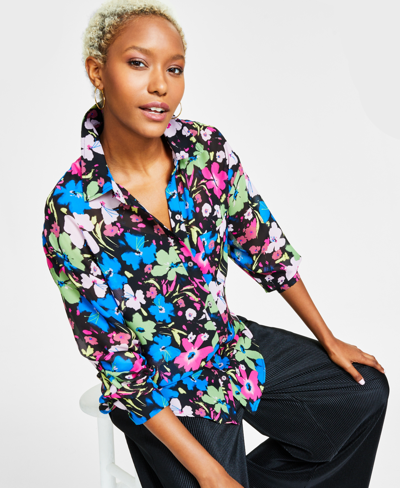 Bar Iii Women's Printed Chiffon Button-up Blouse, Created For Macy's In Feathered Floral