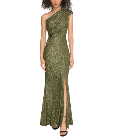 Vince Camuto Petite One-shoulder Slit-front Sequin Gown In Olv
