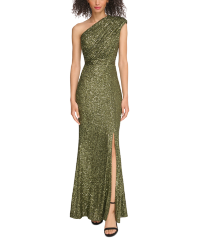 vince camuto green sequin dress Petite One-shoulder Slit-front Gown In Olive May2023