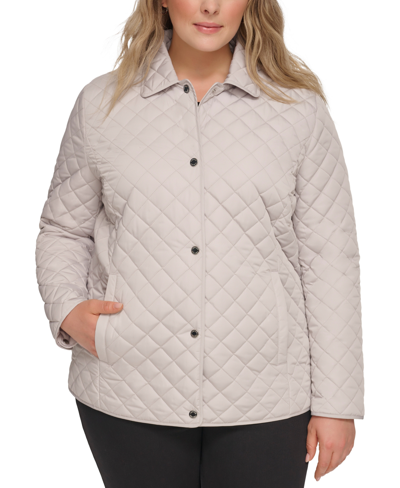 Calvin Klein Womens Plus Size Collared Quilted Coat In Grey Owl