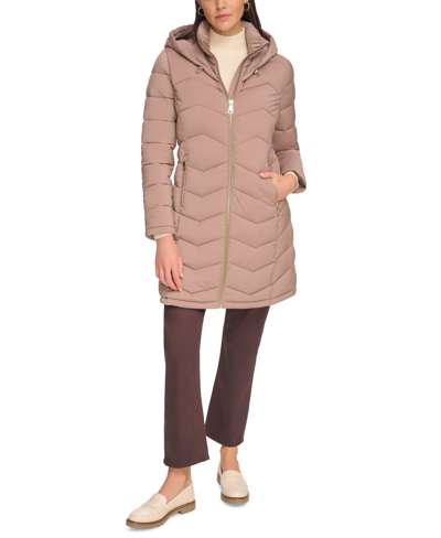 Calvin Klein Women's Shine Bibbed Hooded Packable Puffer Coat, Created For Macy's In Pearlized Black