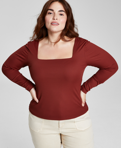 And Now This Trendy Plus Size Square-neck Long-sleeve Top In Sonoma Brick