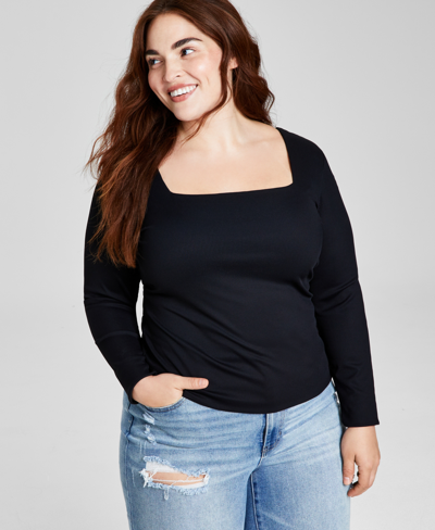 And Now This Trendy Plus Size Square-neck Long-sleeve Top In Black