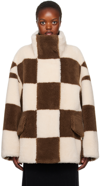 Stand Studio Dani Checkerboard-pattern Faux-fur Jacket In Neutrals