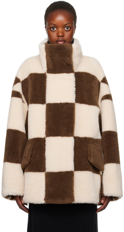 Stand Studio Dani Checkerboard-pattern Faux-fur Jacket In White,brown