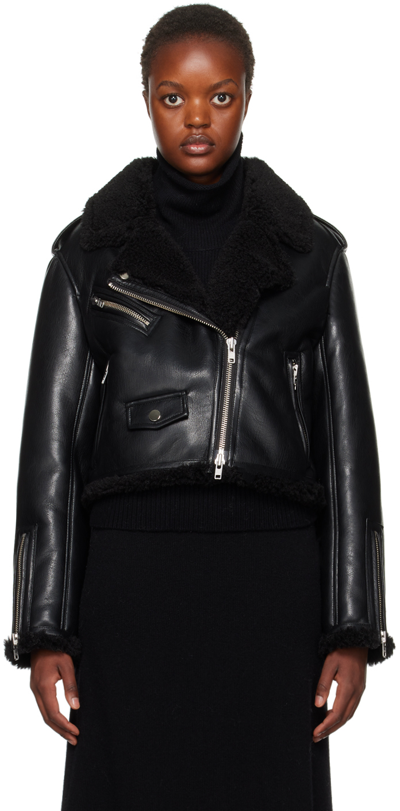 Stand Studio 'lilia' Black Cropped Biker Jacket With Wide Revers In Faux Leather Woman
