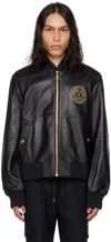 VERSACE JEANS COUTURE BLACK V-EMBLEM LEATHER BOMBER JACKET