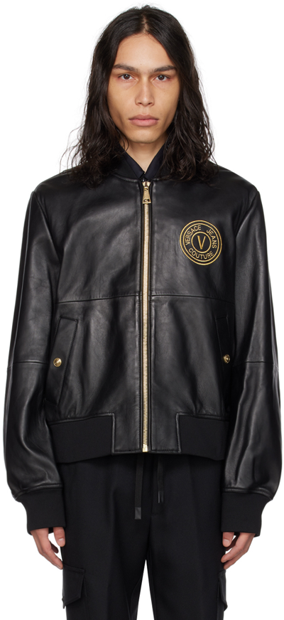 Versace Jeans Couture Black V-emblem Leather Bomber Jacket In Eg89 Black + Gold