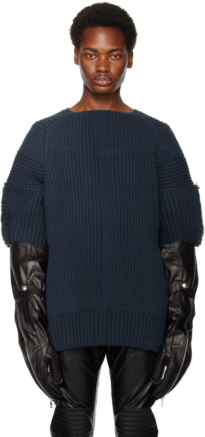 System Blue Fringe Sweater In Indigo (greenish Nav