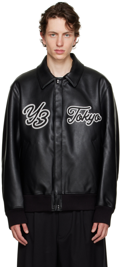 Y-3 Black Collared Faux-leather Bomber Jacket In Schwarz