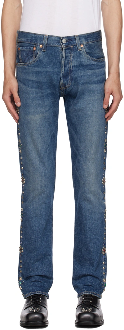 Anna Sui Ssense Exclusive Indigo Studded Wide-leg Jeans In Blue