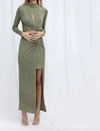Significant Other Demi Cutout Long Sleeve Satin Maxi Dress In Green