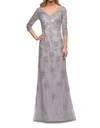 La Femme Embroidered Lace Column Gown In Grey