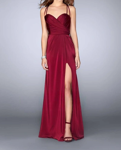 La Femme Gathered Jersey Dress With A Side Slit In Burgundy In Red