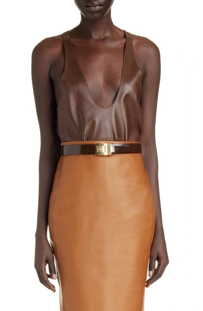 SAINT LAURENT PLUNGE HALTER NECK LEATHER TANK TOP