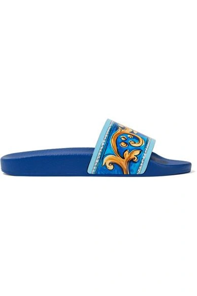 Dolce & Gabbana Woman Printed Leather Slides Royal Blue In Multicolor