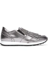 TOD'S EMBELLISHED FRINGED METALLIC LEATHER SLIP-ON SNEAKERS
