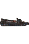 TOD'S GOMMINO LEATHER-TRIMMED TARTAN CALF HAIR MOCCASINS