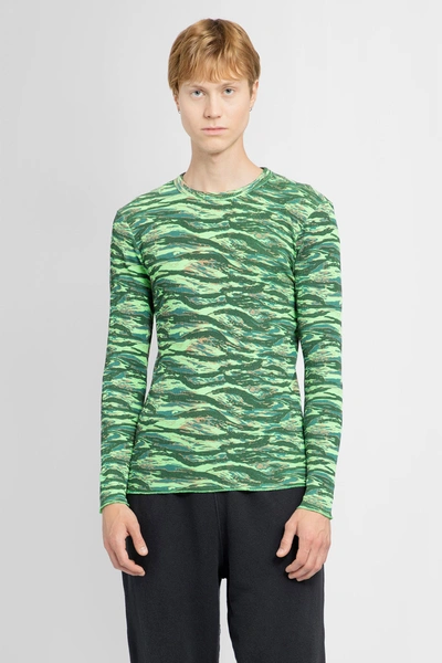 Erl Mens  Green Rave Camo Abstract-print Waffle-pattern Cotton-knit T-shirt