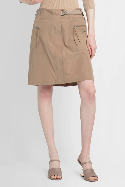 Fendi Belted Cotton Miniskirt In Brown