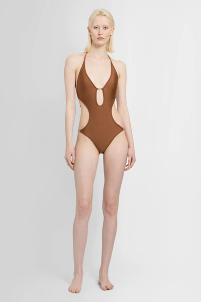 Gucci Sparkling Jersey Swimsuit With Interlocking G In Brown