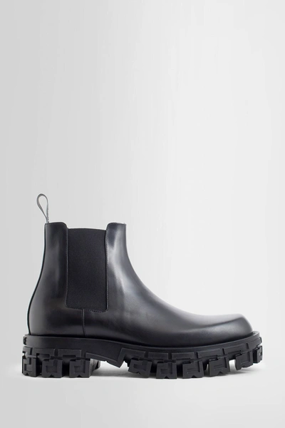 Versace Black Chelsea Boots With Greca Platform In Smooth Leather Man