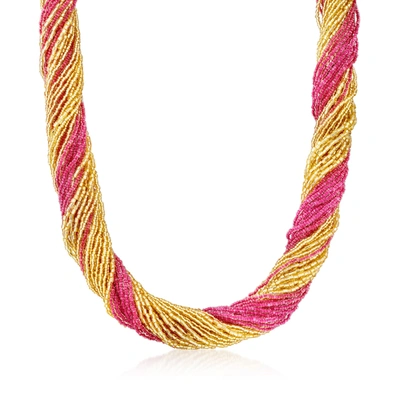 Ross-simons Italian Multicolored Murano Glass Bead Torsade Necklace With 18kt Gold Over Sterling In Pink